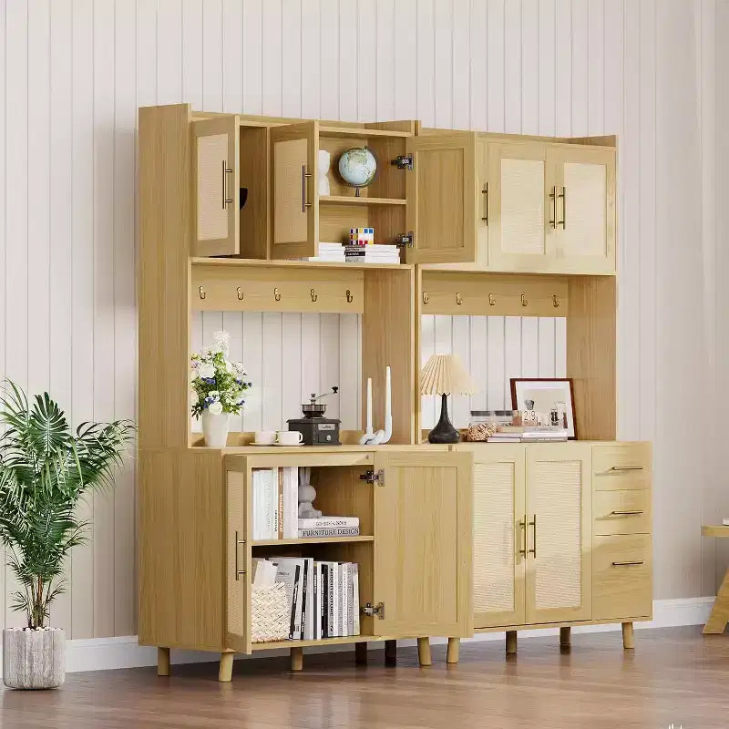 Credenza da cucina in rattan da 71 pollici, con supporto per microonde, dispensa autoportante con cassetti, ante e ganci per sala da pranzo