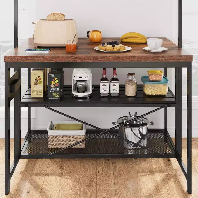 Isola Cucina, Isola Cucina 47" con Contenitore e Sedute - Scaffale per Forno a Microonde a 3 Livelli (5 Ganci) Tavolo Multifunzione per Cucine Piccole
