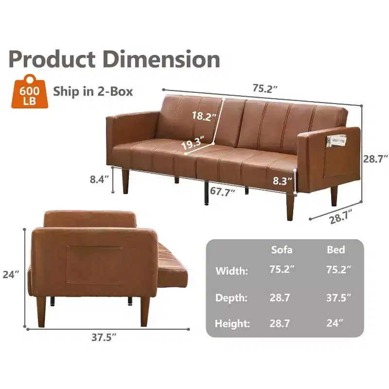 Divano Letto Futon 75 Mid-Century, Divano Letto Trasformabile in Pelle PU con Schienale Regolabile, Divanetto e Tasche Laterali per Soggiorno e Camera da Letto