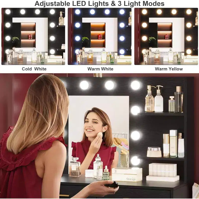 61 Scrivania da Trucco, 3 Modalità di Illuminazione con Luminosità Regolabile, Toeletta con 8 Ampie Cassetti Portaoggetti e 2 Ripiani per la Camera da Letto