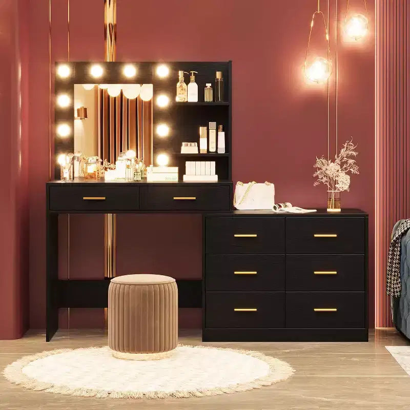 61 Scrivania da Trucco, 3 Modalità di Illuminazione con Luminosità Regolabile, Toeletta con 8 Ampie Cassetti Portaoggetti e 2 Ripiani per la Camera da Letto