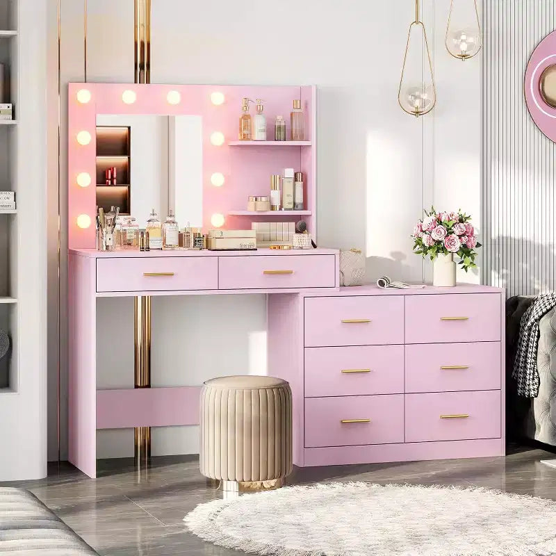 61 Scrivania da Trucco, 3 Modalità di Illuminazione con Luminosità Regolabile, Toeletta con 8 Ampie Cassetti Portaoggetti e 2 Ripiani per la Camera da Letto