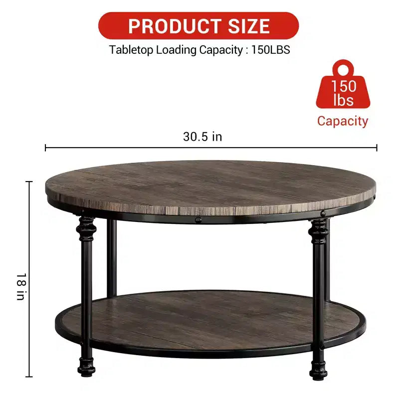 Tavolino da caffè rotondo 34,5"/30,5" con ripiano portaoggetti a 2 livelli - Marrone effetto legno rustico, struttura in metallo (Soggiorno/Reception)