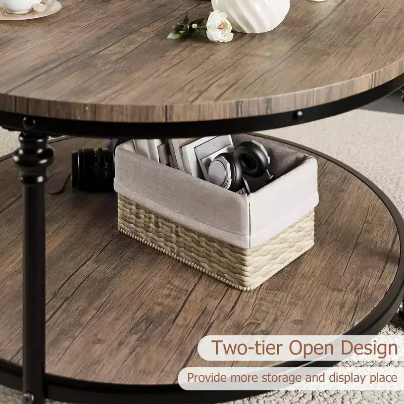Tavolino da caffè rotondo 34,5"/30,5" con ripiano portaoggetti a 2 livelli - Marrone effetto legno rustico, struttura in metallo (Soggiorno/Reception)