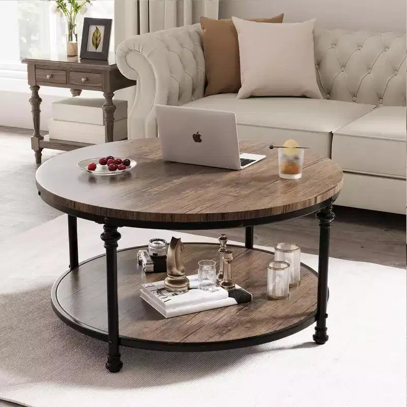 Tavolino da caffè rotondo 34,5"/30,5" con ripiano portaoggetti a 2 livelli - Marrone effetto legno rustico, struttura in metallo (Soggiorno/Reception)