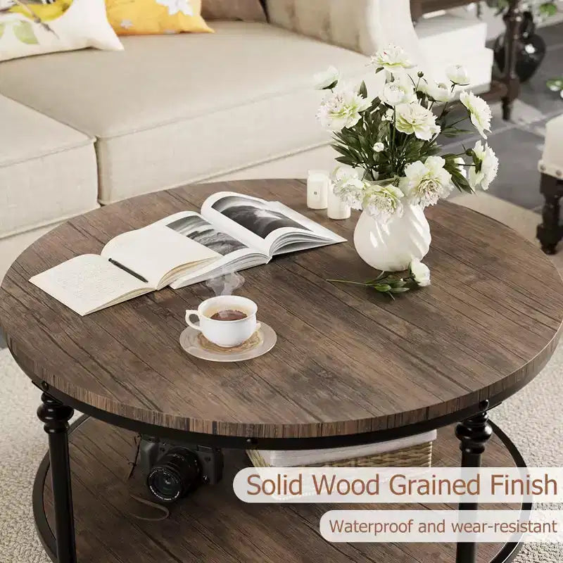 Tavolino da caffè rotondo 34,5"/30,5" con ripiano portaoggetti a 2 livelli - Marrone effetto legno rustico, struttura in metallo (Soggiorno/Reception)