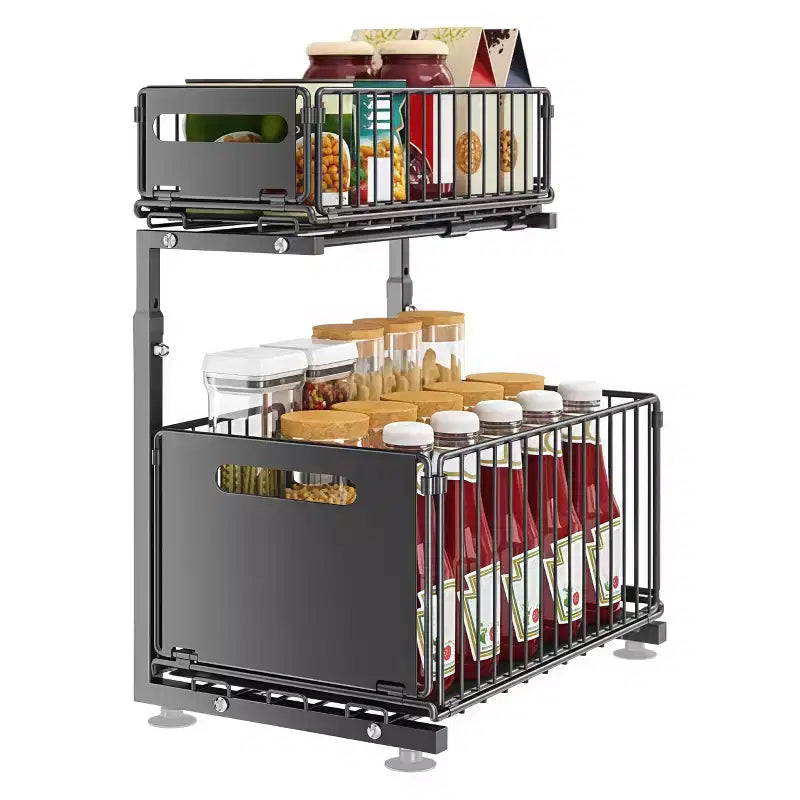 GustoWave Scaffale portaoggetti da cucina a 2 livelli in metallo estraibile, organizer sottolavello regolabile in altezza con cassetti scorrevoli in rete, nero
