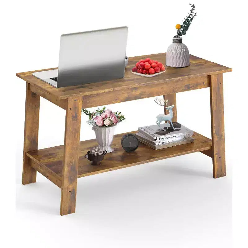 Coffee Table, Living Room Coffee Table - 2-Tier Rustic Wood Rectangle Table with Open Storage, Easy Assembly for Reception Room