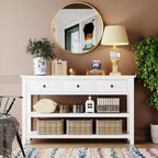 Consolle Bellemave dal design retrò con due ripiani aperti, struttura e gambe in legno massello di pino per soggiorno (bianco anticato)