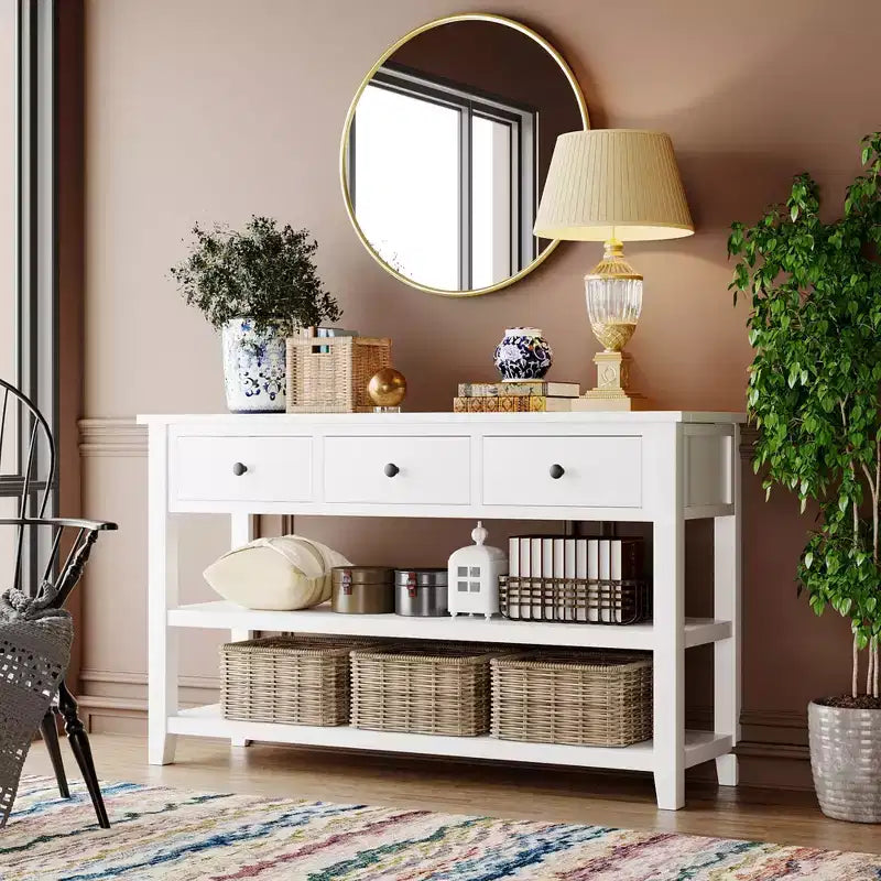 Consolle Bellemave dal design retrò con due ripiani aperti, struttura e gambe in legno massello di pino per soggiorno (bianco anticato)