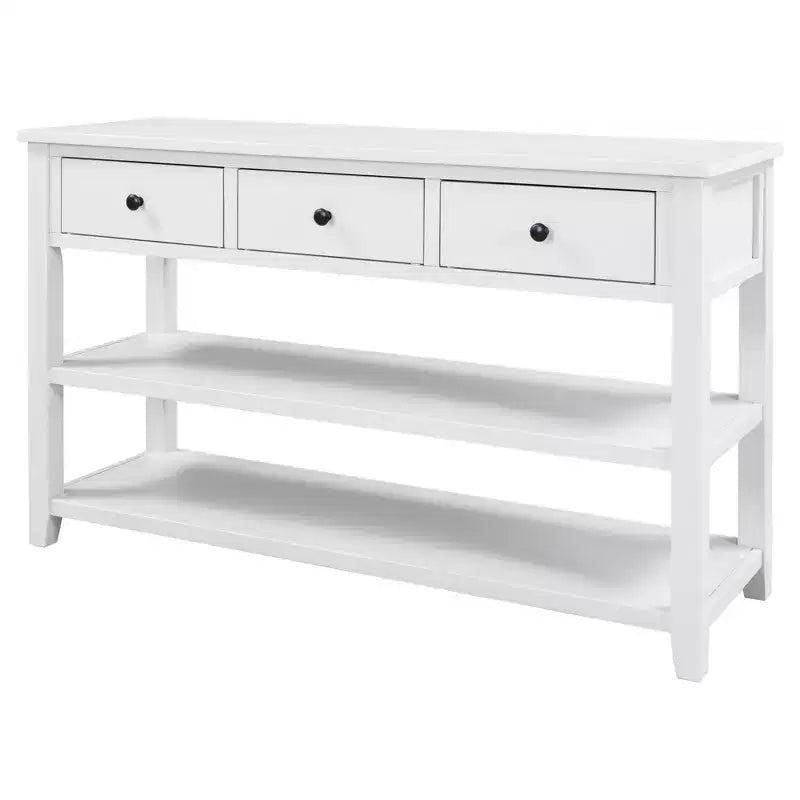 Consolle Bellemave dal design retrò con due ripiani aperti, struttura e gambe in legno massello di pino per soggiorno (bianco anticato)