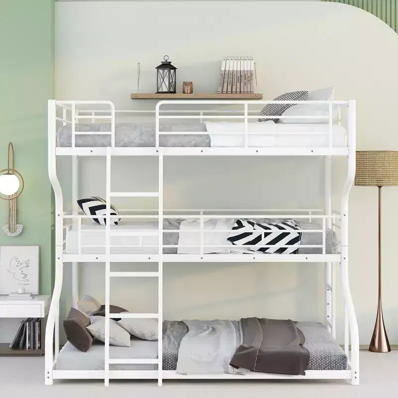 Letto a castello triplo Okak Full over Twin over Queen Size, letti a castello per bambini per impieghi gravosi con 2 scale, strutture letto per camera da letto, dormitorio