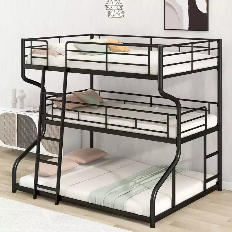Letto a castello triplo Okak Full over Twin over Queen Size, letti a castello per bambini per impieghi gravosi con 2 scale, strutture letto per camera da letto, dormitorio