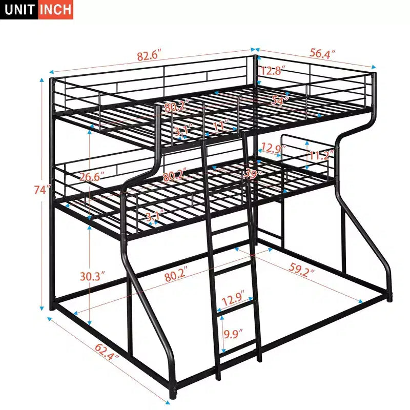 Letto a castello triplo Okak Full over Twin over Queen Size, letti a castello per bambini per impieghi gravosi con 2 scale, strutture letto per camera da letto, dormitorio