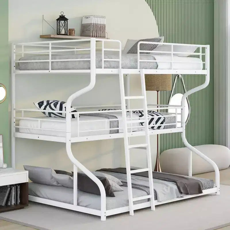 Letto a castello triplo Okak Full over Twin over Queen Size, letti a castello per bambini per impieghi gravosi con 2 scale, strutture letto per camera da letto, dormitorio