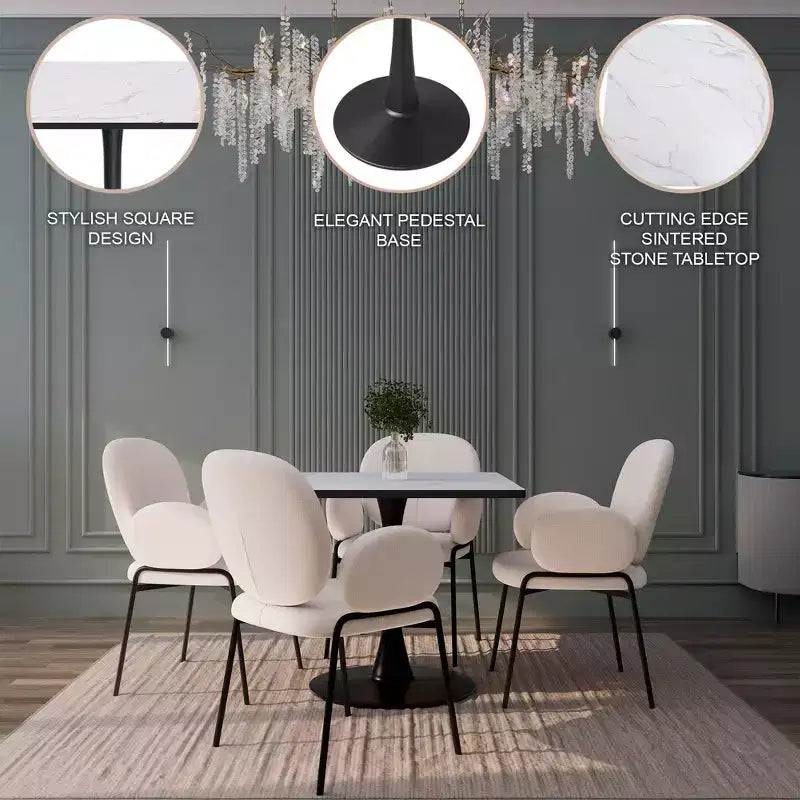 LeisureMod Bristol Tavolo da pranzo quadrato con piano in MDF e base a piedistallo in acciaio nero per cucina e sala da pranzo moderne