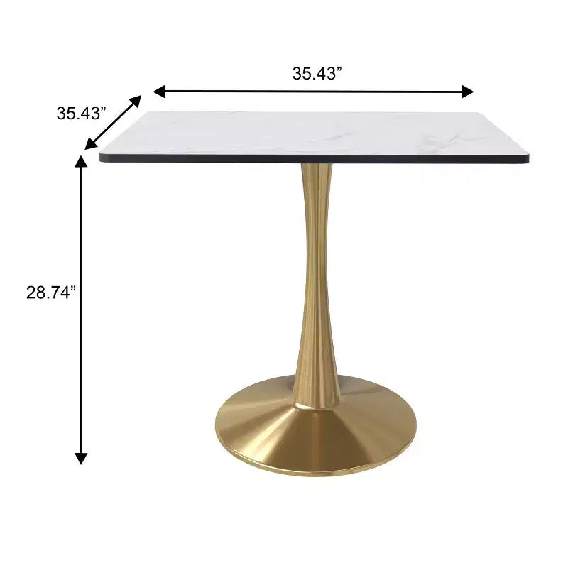 Tavolo da pranzo quadrato LeisureMod Bristol – Piano in MDF bianco marmorizzato con base a piedistallo in acciaio color oro, per cucina moderna, sala da pranzo, bar, piccoli appartamenti