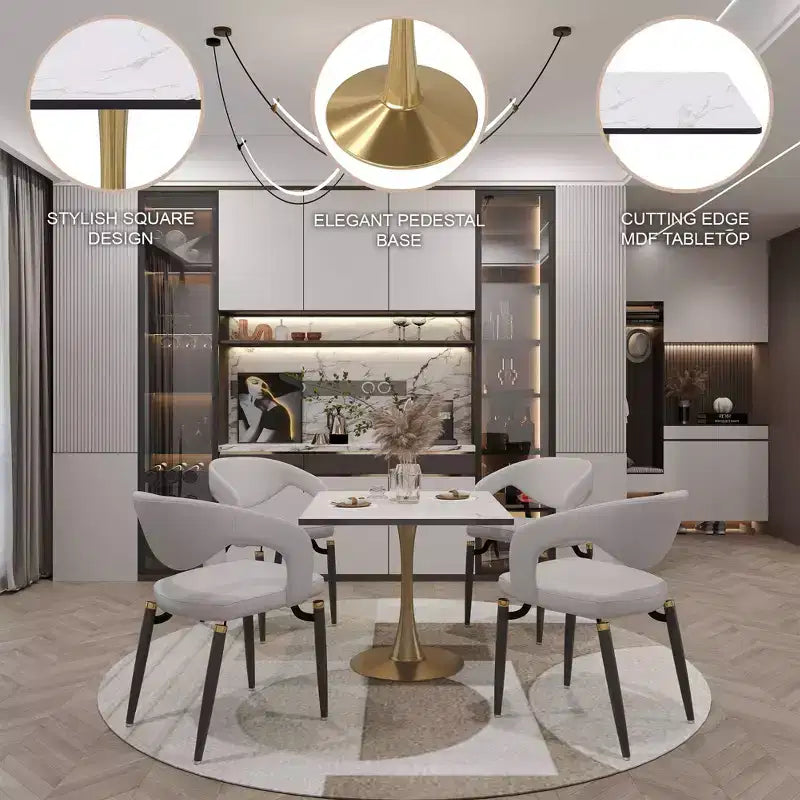 Tavolo da pranzo quadrato LeisureMod Bristol – Piano in MDF bianco marmorizzato con base a piedistallo in acciaio color oro, per cucina moderna, sala da pranzo, bar, piccoli appartamenti