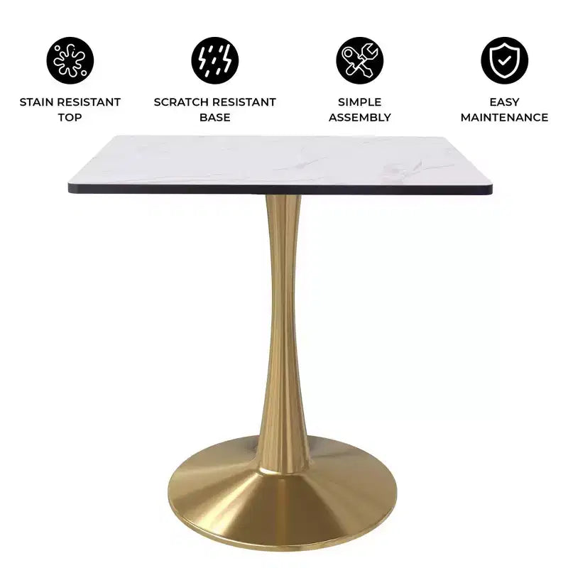Tavolo da pranzo quadrato LeisureMod Bristol – Piano in MDF bianco marmorizzato con base a piedistallo in acciaio color oro, per cucina moderna, sala da pranzo, bar, piccoli appartamenti