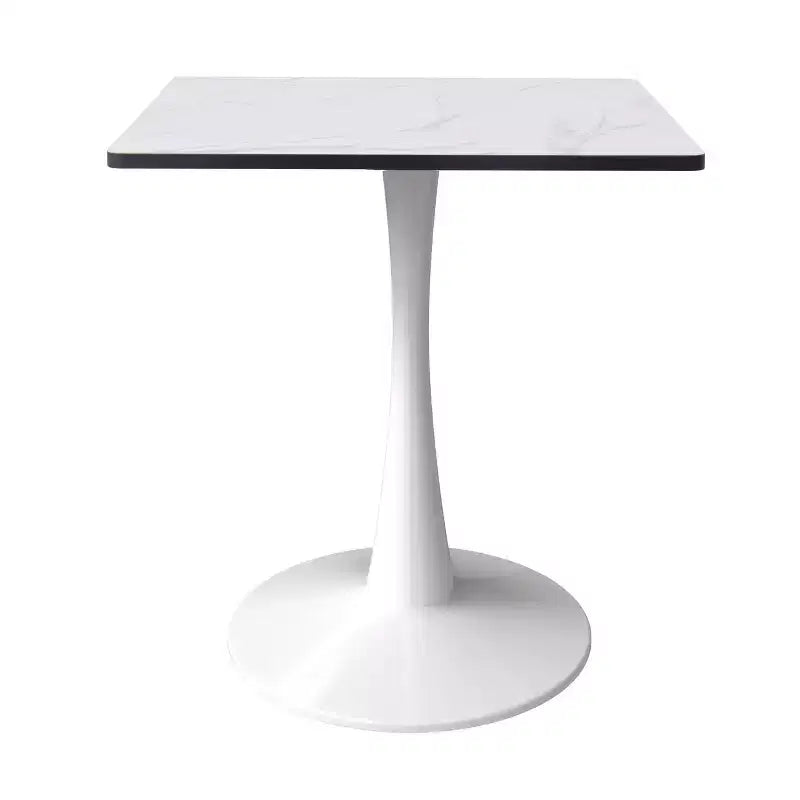 LeisureMod Bristol Square Dining Table with Marbled White MDF Top and White Steel Pedestal Base for Modern Kitchen and Dining Room