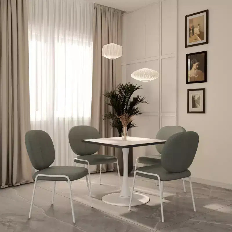 Tavolo da pranzo quadrato LeisureMod Bristol con ripiano in MDF effetto marmo bianco e base a piedistallo in acciaio bianco per cucina e sala da pranzo moderne