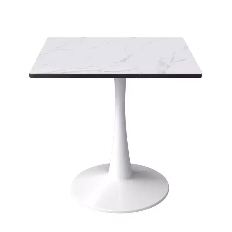 Tavolo da pranzo quadrato LeisureMod Bristol con ripiano in MDF effetto marmo bianco e base a piedistallo in acciaio bianco per cucina e sala da pranzo moderne