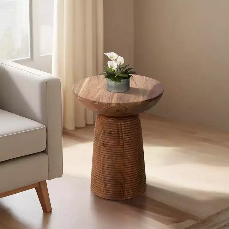 Accent Table Wood Ribbed Base Casual Style for Living Room Bedroom Office - 20 Brown