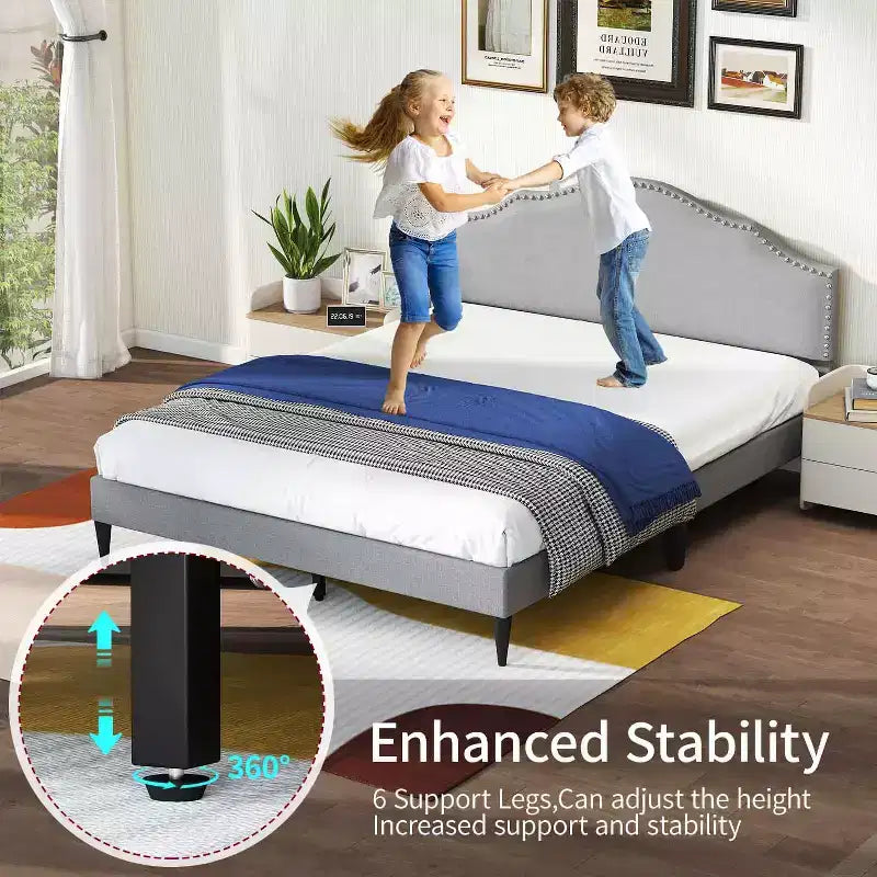Struttura letto imbottita BestMassage con testiera, base per materasso in tessuto, nessun sommier richiesto (grigio, queen size)