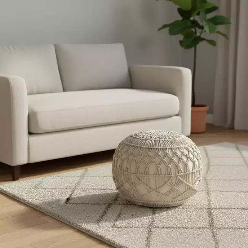 HomeRoots Pouf-Ottoman Rotondo Geometrico a Ciuffi in Cotone Crema 20
