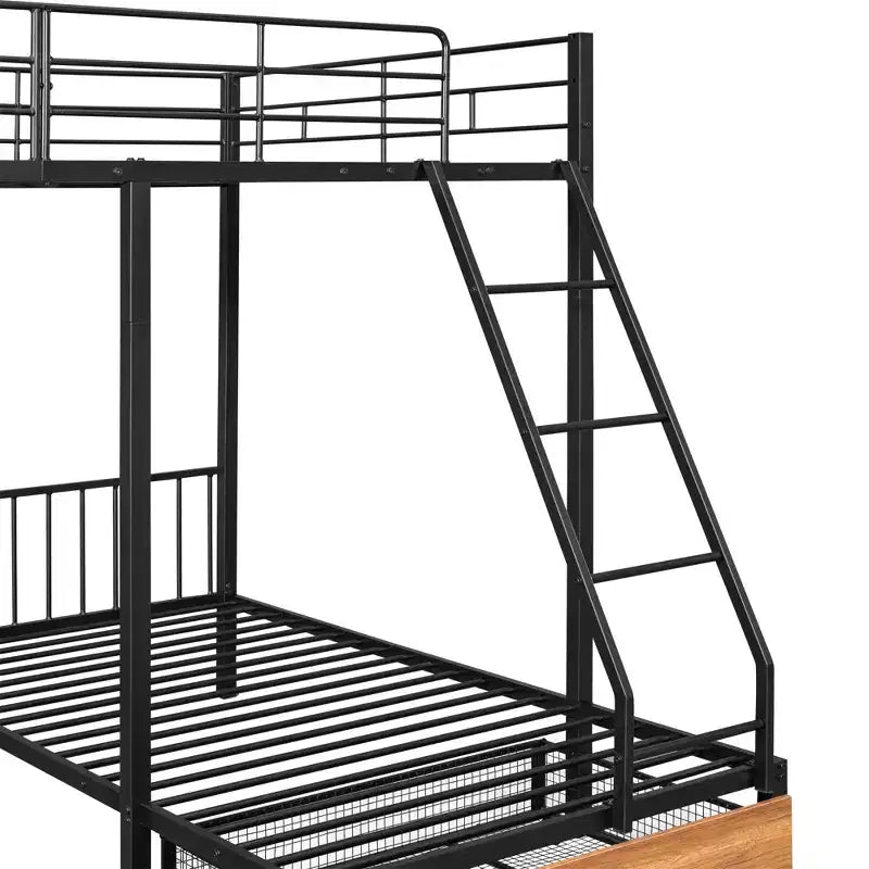 Struttura per letto a castello per 3 bambini, a due piani, con letti singoli sopra e sotto, a forma di L, in metallo, con cassetti e sponde di protezione