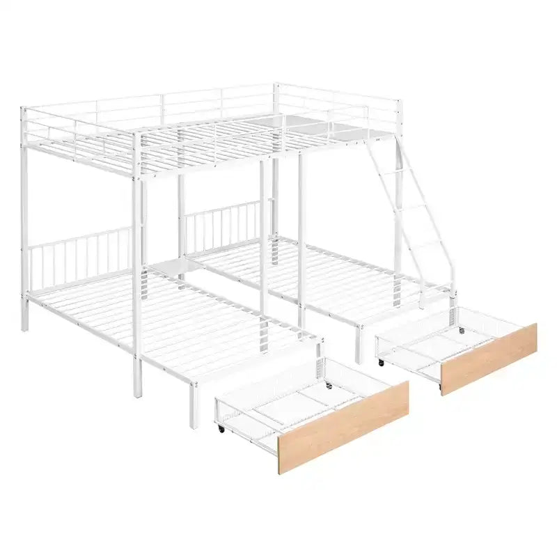 Struttura per letto a castello per 3 bambini, a due piani, con letti singoli sopra e sotto, a forma di L, in metallo, con cassetti e sponde di protezione