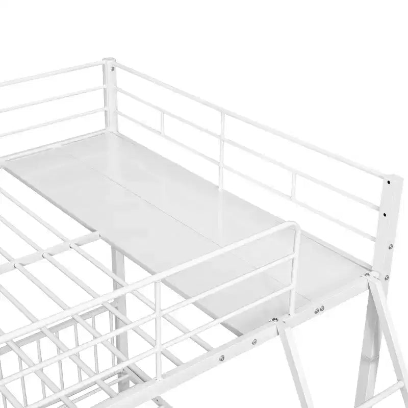 Struttura per letto a castello per 3 bambini, a due piani, con letti singoli sopra e sotto, a forma di L, in metallo, con cassetti e sponde di protezione