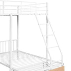 Struttura per letto a castello per 3 bambini, a due piani, con letti singoli sopra e sotto, a forma di L, in metallo, con cassetti e sponde di protezione