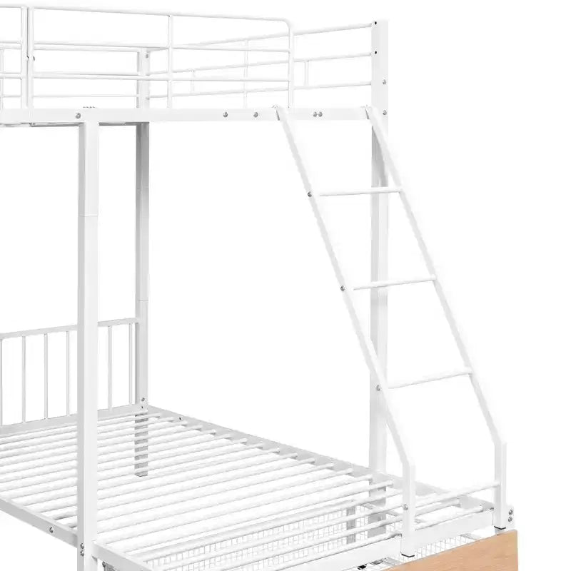 Struttura per letto a castello per 3 bambini, a due piani, con letti singoli sopra e sotto, a forma di L, in metallo, con cassetti e sponde di protezione