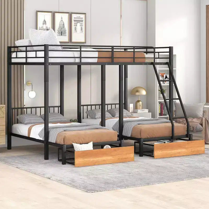 Full over Twin & Twin Bunk Bed Frame for 3 Kids, L Shaped Metal Triple Bunk Bed with Drawers and Guardrails