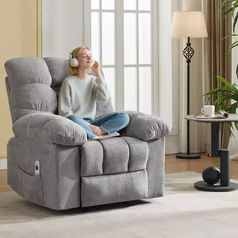 Poggiapiedi reclinabile pigro per famiglia con dondolo largo, tessuto traspirante, funzione massaggio e riscaldamento, 2 tasche laterali, perfetto per soggiorno e camera da letto