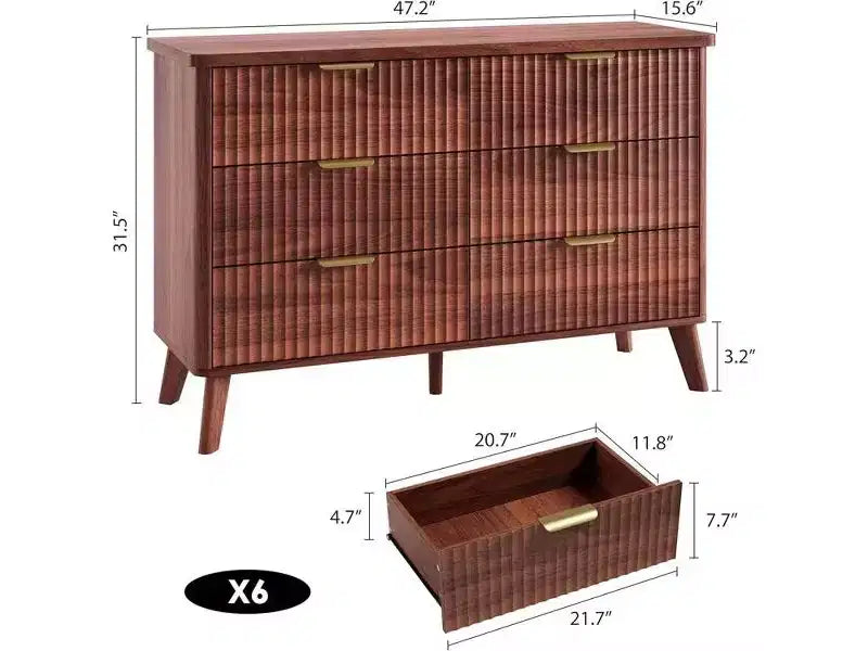 Comò a 6 cassetti con scanalature, cassettiera moderna larga 120 cm con maniglie in metallo, comò con profilo curvo, mobile porta TV, organizer per cassetti in legno per camera da letto