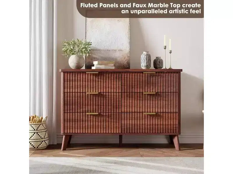 Comò a 6 cassetti con scanalature, cassettiera moderna larga 120 cm con maniglie in metallo, comò con profilo curvo, mobile porta TV, organizer per cassetti in legno per camera da letto