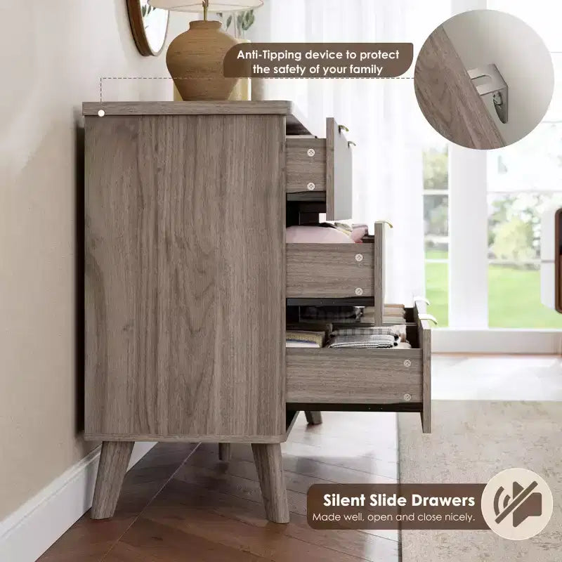 Comò a 6 cassetti con scanalature, cassettiera moderna larga 120 cm con maniglie in metallo, comò con profilo curvo, mobile porta TV, organizer per cassetti in legno per camera da letto