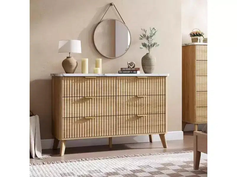 Comò a 6 cassetti con scanalature, cassettiera moderna larga 120 cm con maniglie in metallo, comò con profilo curvo, mobile porta TV, organizer per cassetti in legno per camera da letto