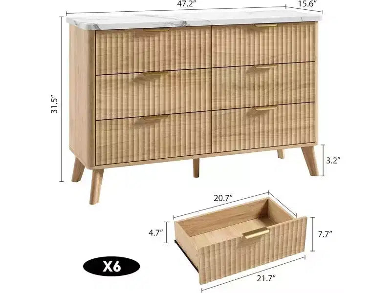 Comò a 6 cassetti con scanalature, cassettiera moderna larga 120 cm con maniglie in metallo, comò con profilo curvo, mobile porta TV, organizer per cassetti in legno per camera da letto