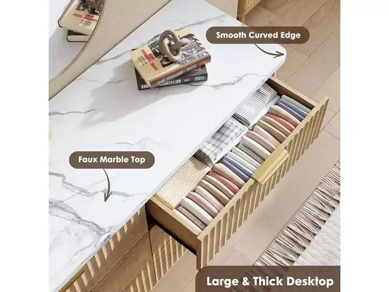 Comò a 6 cassetti con scanalature, cassettiera moderna larga 120 cm con maniglie in metallo, comò con profilo curvo, mobile porta TV, organizer per cassetti in legno per camera da letto