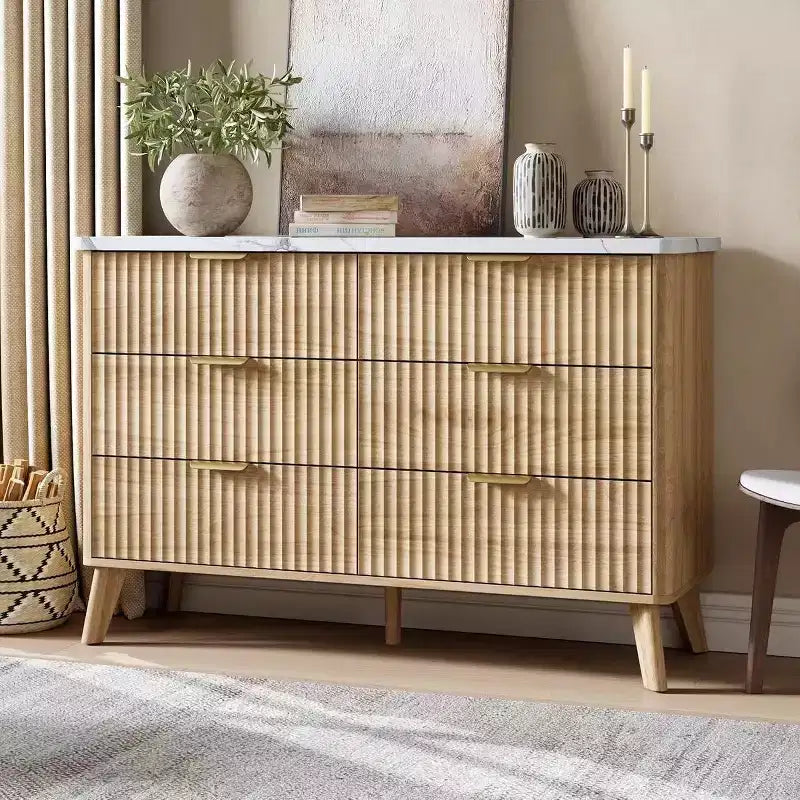 Comò a 6 cassetti con scanalature, cassettiera moderna larga 120 cm con maniglie in metallo, comò con profilo curvo, mobile porta TV, organizer per cassetti in legno per camera da letto