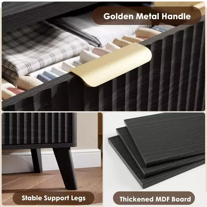 Comò a 6 cassetti con scanalature, cassettiera moderna larga 120 cm con maniglie in metallo, comò con profilo curvo, mobile porta TV, organizer per cassetti in legno per camera da letto