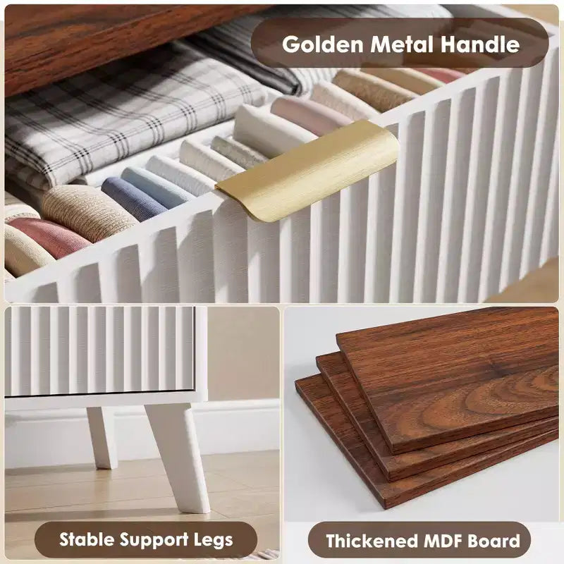 Comò a 6 cassetti con scanalature, cassettiera moderna larga 120 cm con maniglie in metallo, comò con profilo curvo, mobile porta TV, organizer per cassetti in legno per camera da letto