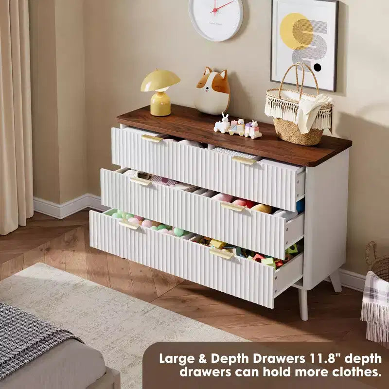 Comò a 6 cassetti con scanalature, cassettiera moderna larga 120 cm con maniglie in metallo, comò con profilo curvo, mobile porta TV, organizer per cassetti in legno per camera da letto