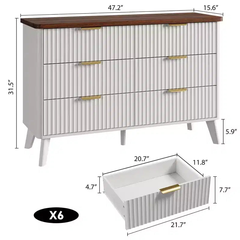 Comò a 6 cassetti con scanalature, cassettiera moderna larga 120 cm con maniglie in metallo, comò con profilo curvo, mobile porta TV, organizer per cassetti in legno per camera da letto