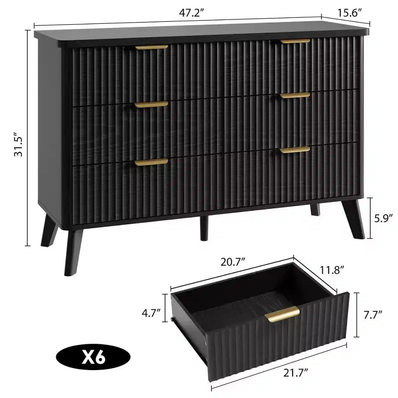 Comò a 6 cassetti con scanalature, cassettiera moderna larga 120 cm con maniglie in metallo, comò con profilo curvo, mobile porta TV, organizer per cassetti in legno per camera da letto