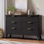 Comò a 6 cassetti con scanalature, cassettiera moderna larga 120 cm con maniglie in metallo, comò con profilo curvo, mobile porta TV, organizer per cassetti in legno per camera da letto