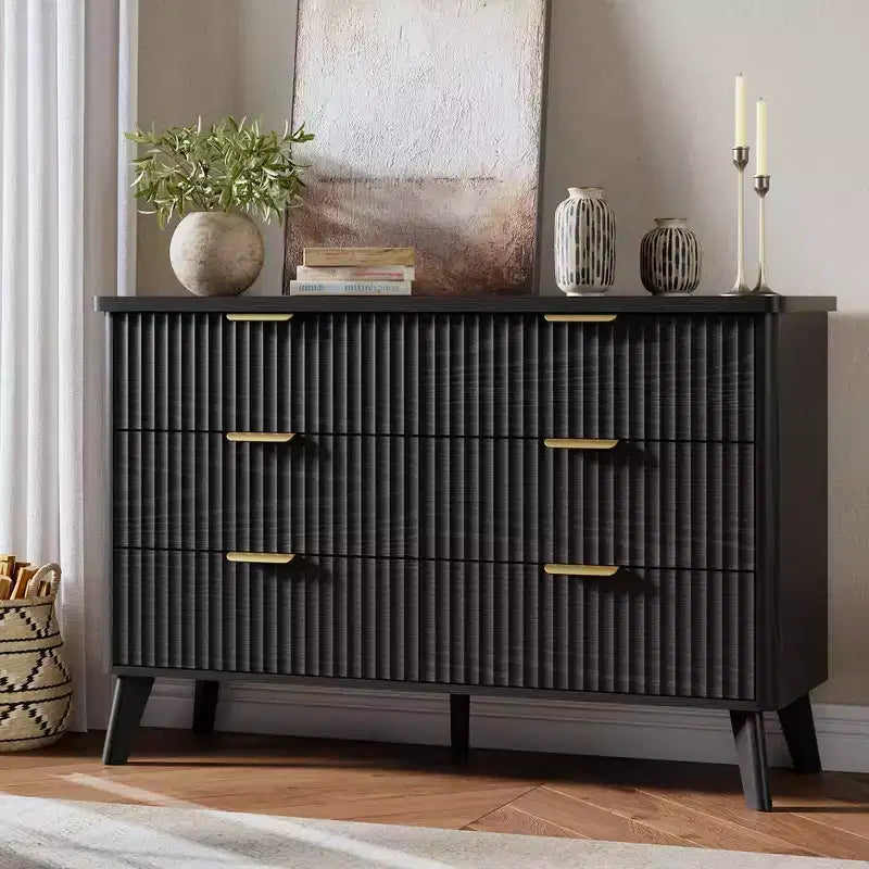 Comò a 6 cassetti con scanalature, cassettiera moderna larga 120 cm con maniglie in metallo, comò con profilo curvo, mobile porta TV, organizer per cassetti in legno per camera da letto